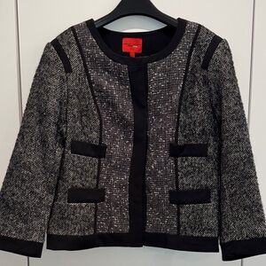 Narciso Rodriguez Black and Gray Textured Tweed Blazer 3/4 sleeves size Large